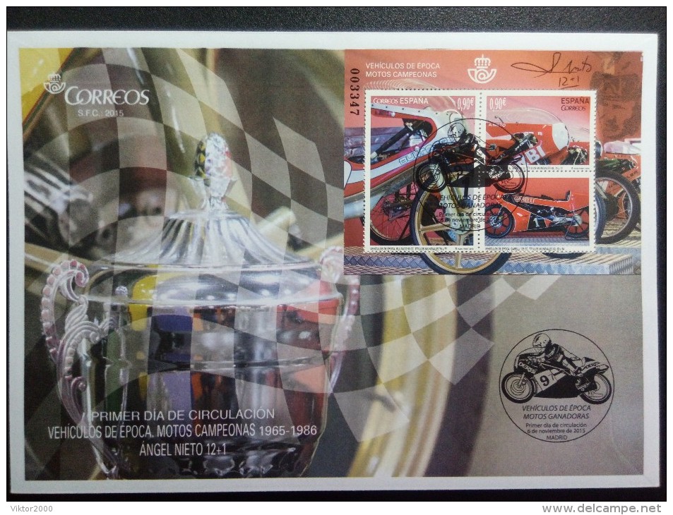 FDC. SPAIN. 2015.Vehiculos De Epoca.Motos Ganadoras.Angel Nieto/Vehicles Of Time.Winning Bikes.Angel Nieto - Motorräder