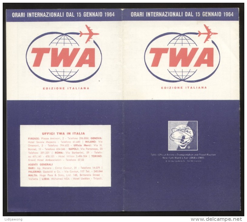 TWA AIRWAYS TIMETABLE ADVERT BROCHURE 1964 Ital. Edition ROMA MILANO AIRPLANE - Europa