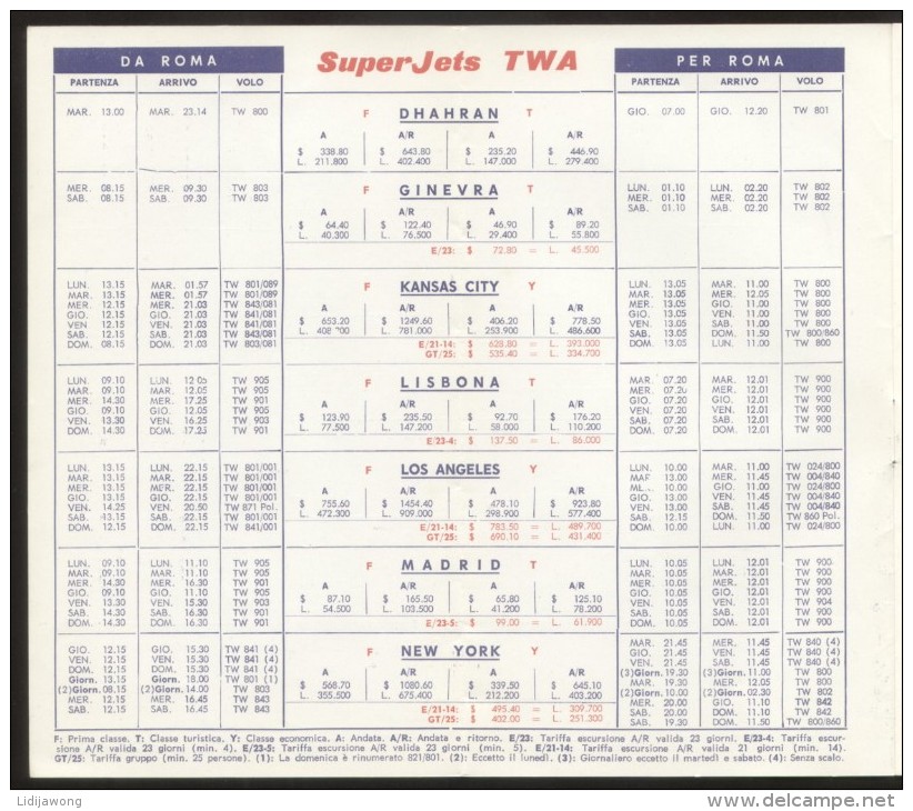 TWA AIRWAYS TIMETABLE ADVERT BROCHURE 1964 Ital. Edition ROMA MILANO AIRPLANE - Europa