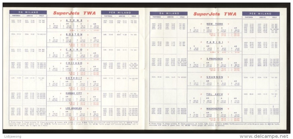 TWA AIRWAYS TIMETABLE ADVERT BROCHURE 1964 Ital. Edition ROMA MILANO AIRPLANE - Europe