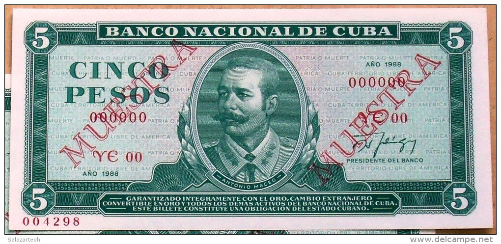 1988, Billete MUESTRA, De CINCO PESOS, UNC. (SPECIMEN) Ultimas Emisiones De Este Diseño - Cuba
