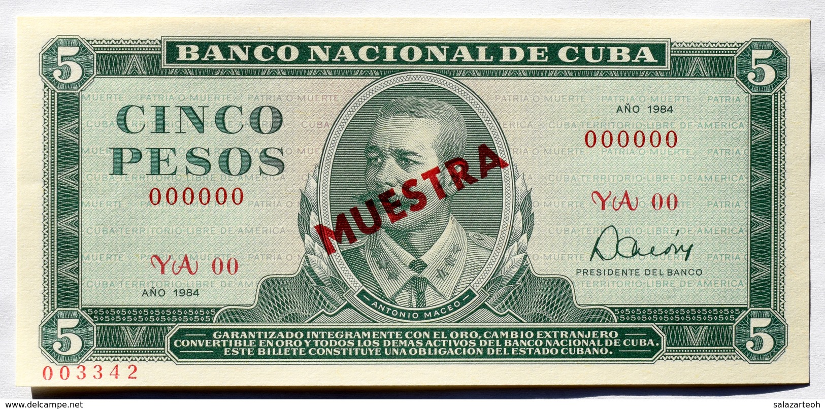 MUESTRA (SPECIMEN) 1984, Billete De CINCO PESOS, UNC. Ultimas Emisiones De Este Diseño - Cuba