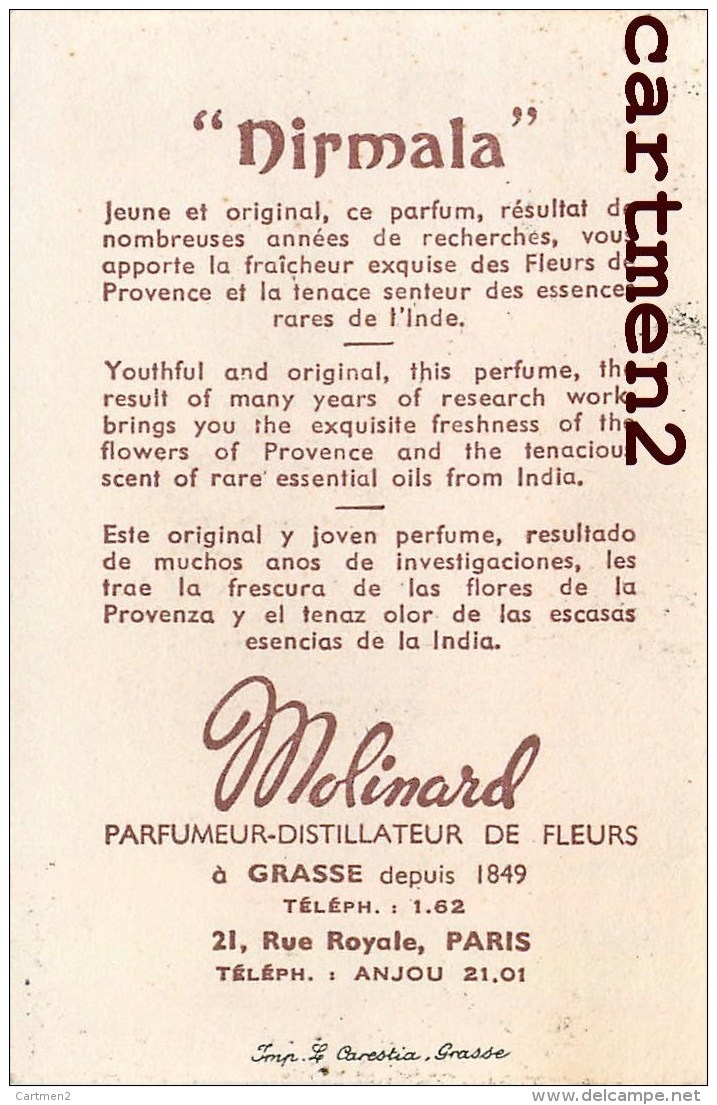 CARTE PARFUMEE PARFUM MIRMALA PAR MOLINARD - Anciennes (jusque 1960)