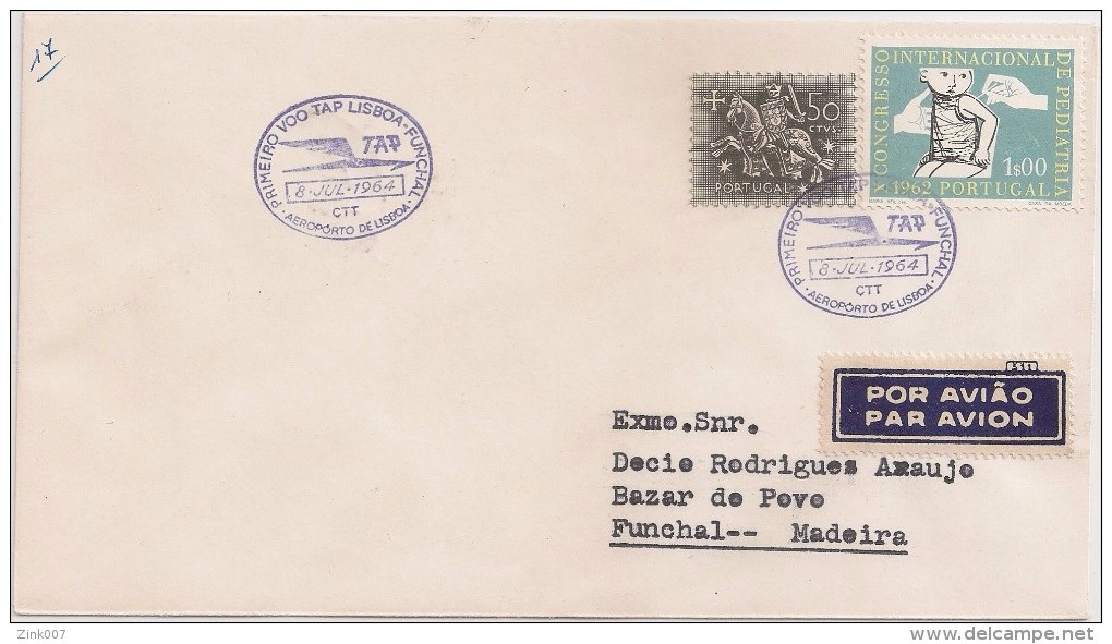 Cover Circulated - 1964 - Portugal - Lisboa To Funchal - 1º Voo Tap - Transports Aériens - Luftverkehrs - Airline - Lettres & Documents