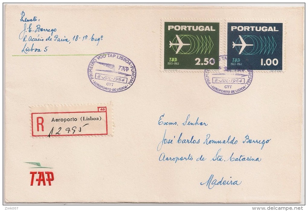 Cover Circulated Registered - 1964 - Portugal - Lisboa Funchal - 1º Voo Tap - Transports Aériens- Luftverkehrs - Airline - Lettres & Documents