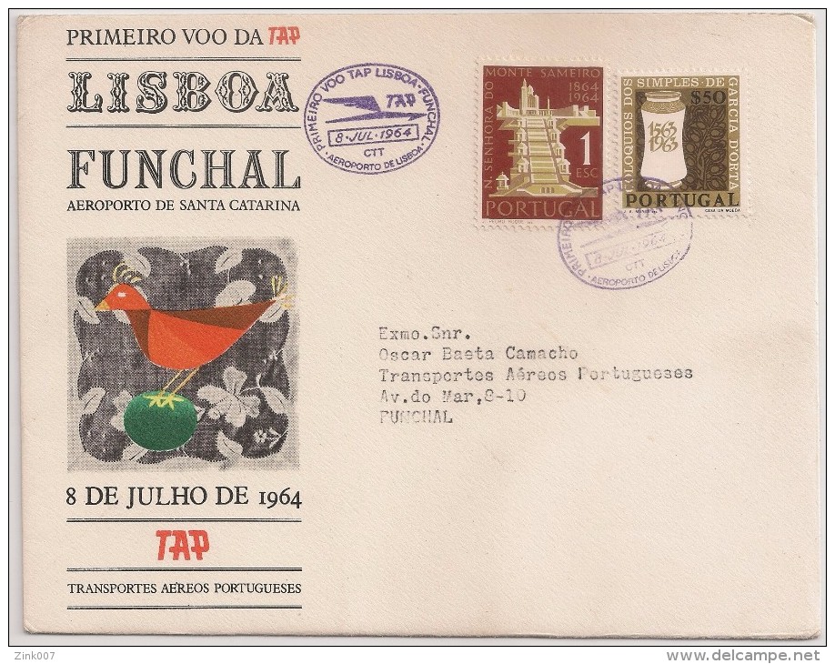 Cover Circulated - 1964 - Portugal - Lisboa Funchal - 1º Voo Tap St Catarina -Transports Aériens- Luftverkehrs - Airline - Lettres & Documents