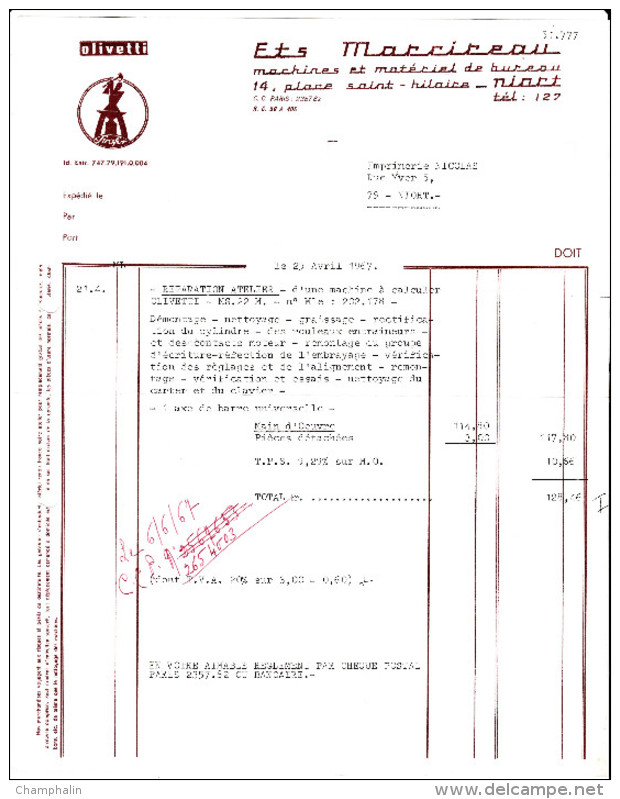Facture De Niort (79) - 25 Avril 1967 - Ets Marcireau - Machines & Matériel De Bureau - Calculatrice Olivetti - 1950 - ...