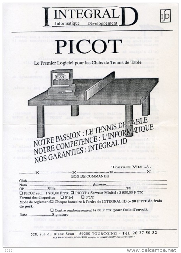 FRANCE - BON COMMANDE Logiciel Gestion PICOT - INTEGRAL ID 1993/1994 - Tennis Table Tischtennis Tavolo - Table Tennis