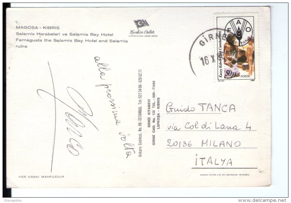 S21 POSTCARD: MAGOSA, KIBRIS -Salamis Harabeleri Ve Salamis Bay HOtel + Nice Stamp And Timbre - Turchia