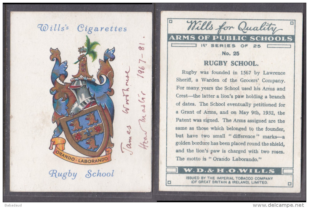 Wills Cigarettes: Rugby School, Signed By James Woodhouse, Headmaster 1967 - 81 - Other & Unclassified