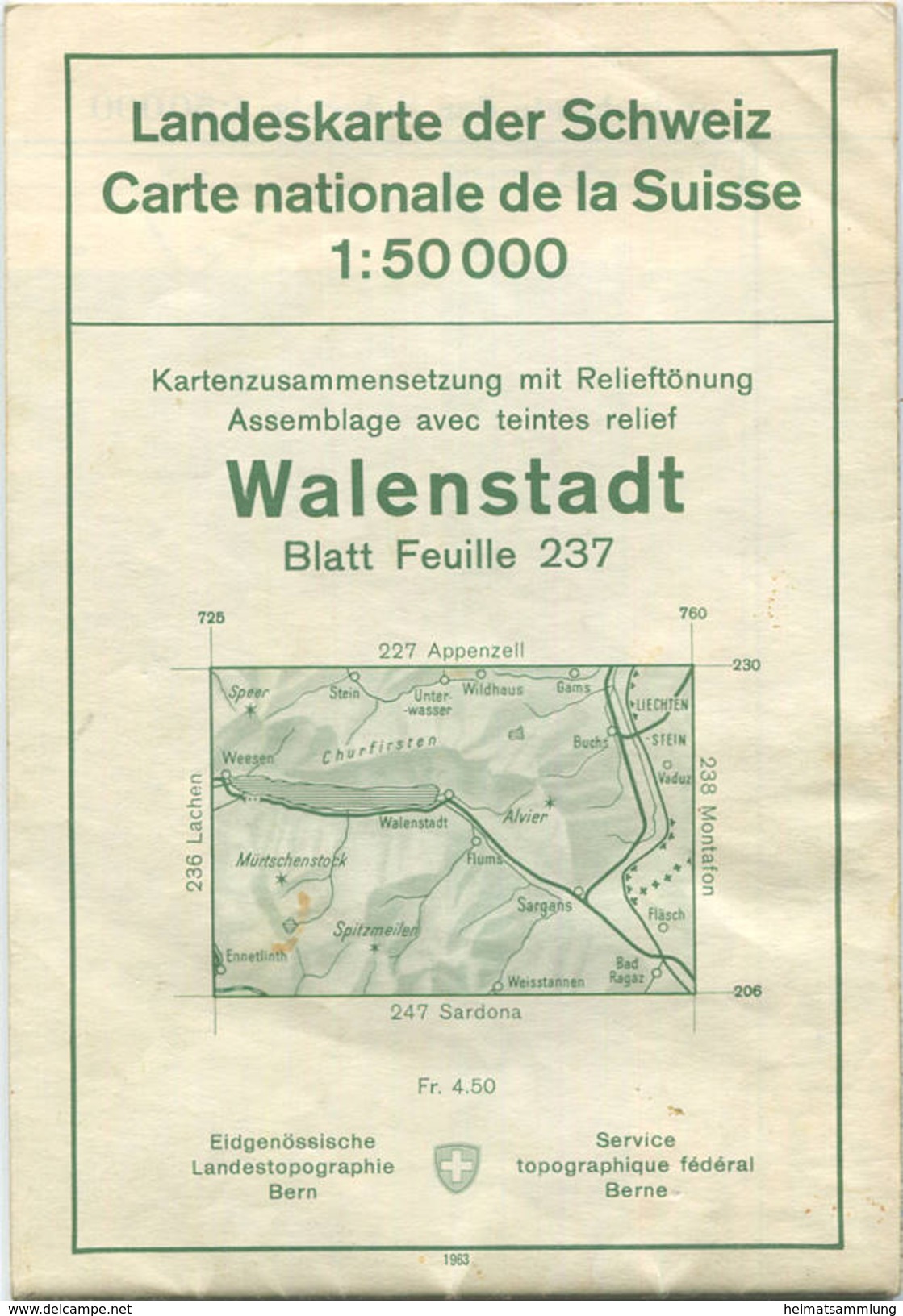 Schweiz - Landeskarte Der Schweiz 1:50 000 - Walenstadt Blatt 237 - Eidgenössische Landestopographie Bern 1963 - Mit Rel - Topographische Karten