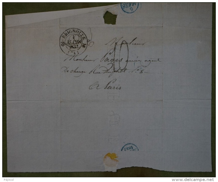 Enveloppe Avec Cad De Brignolle Du 1 Mars 1832, Petit Cachet Bleu 6 Mars 1832, 10 Décimes - 1801-1848: Précurseurs XIX