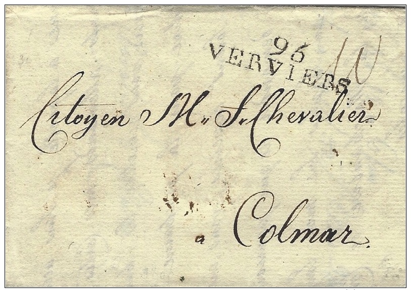 An 8-  Territoires Conquis - Lettre De 96 / VERVIERS ( L´Ourthe ) 37 Mm Noir   Pour   Colmar - 1792-1815: Départements Conquis