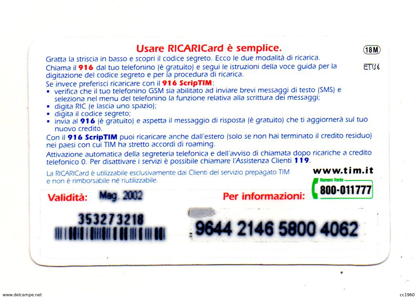 Ricarica Telefonica " TIM " Da Lire 100.000 - Usata - Validità 05.2002 -  (FDC946) - GSM-Kaarten, Aanvulling & Voorafbetaald