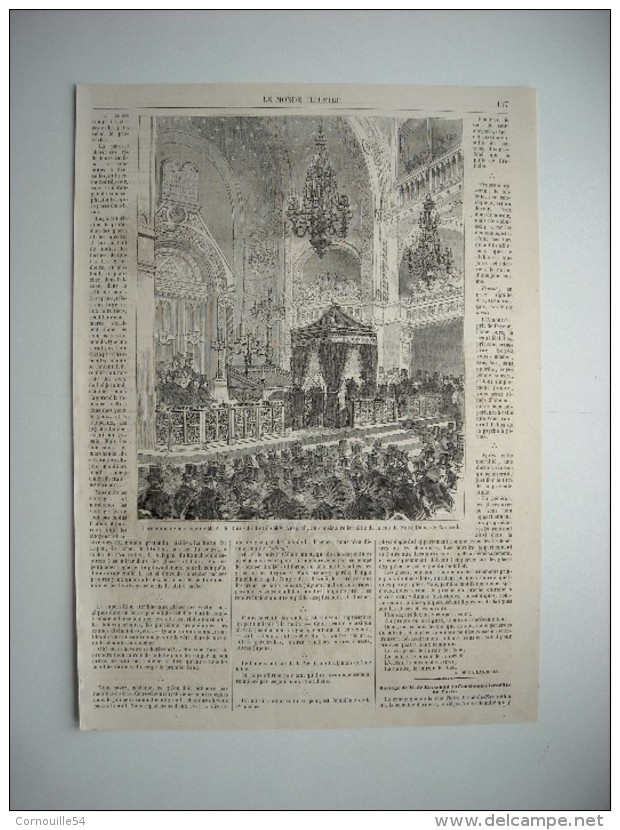 GRAVURE 1859. CEREMONIE DU MARIAGE DE M. DE ROTSCHILD ET DE MELLE ANSPACH AU CONSISTOIRE ISRAELITE DE PARIS. EXPLICATIF. - Estampas & Grabados