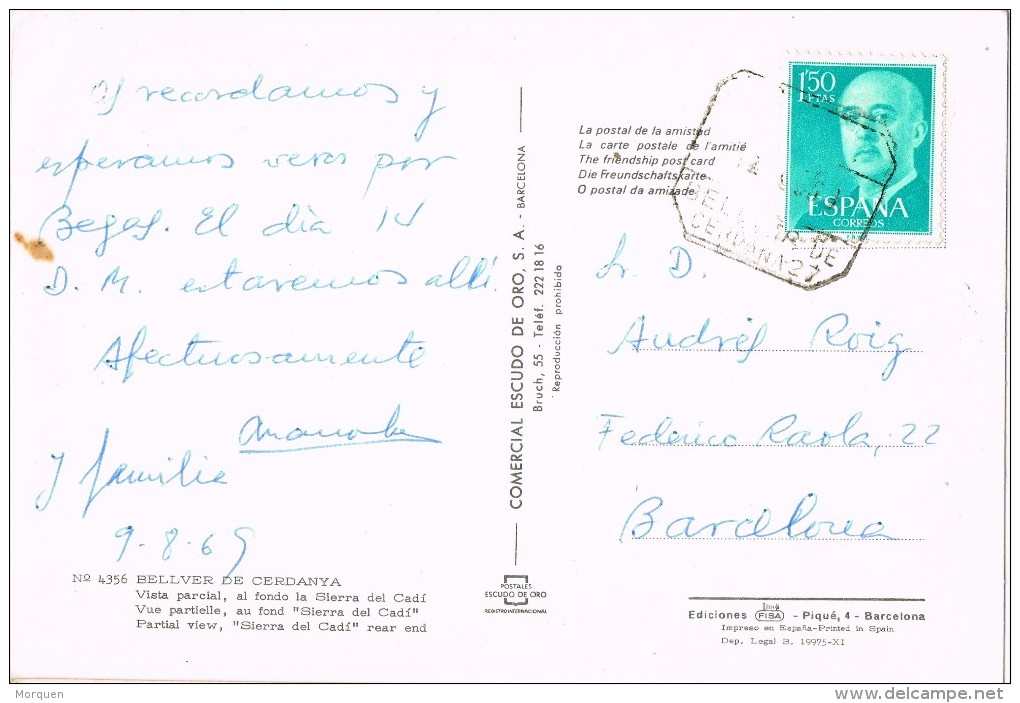 19500. Postal BELLVER De CERDANYA (Lerida) 1969. Fechador S.P.E. Ap - Cartas & Documentos