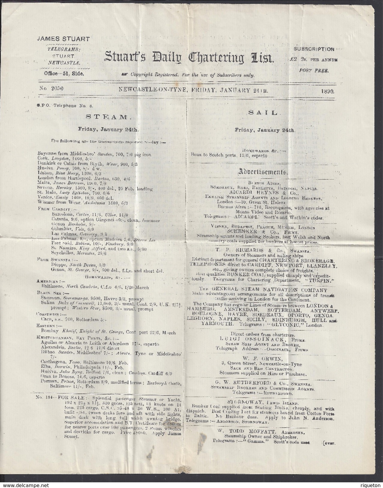 GR- BRETAGNE - Timbre 1/2 P Victoria Sur Document Vers Paris - " James Stuart's Daily Chartering List " - - Royaume-Uni