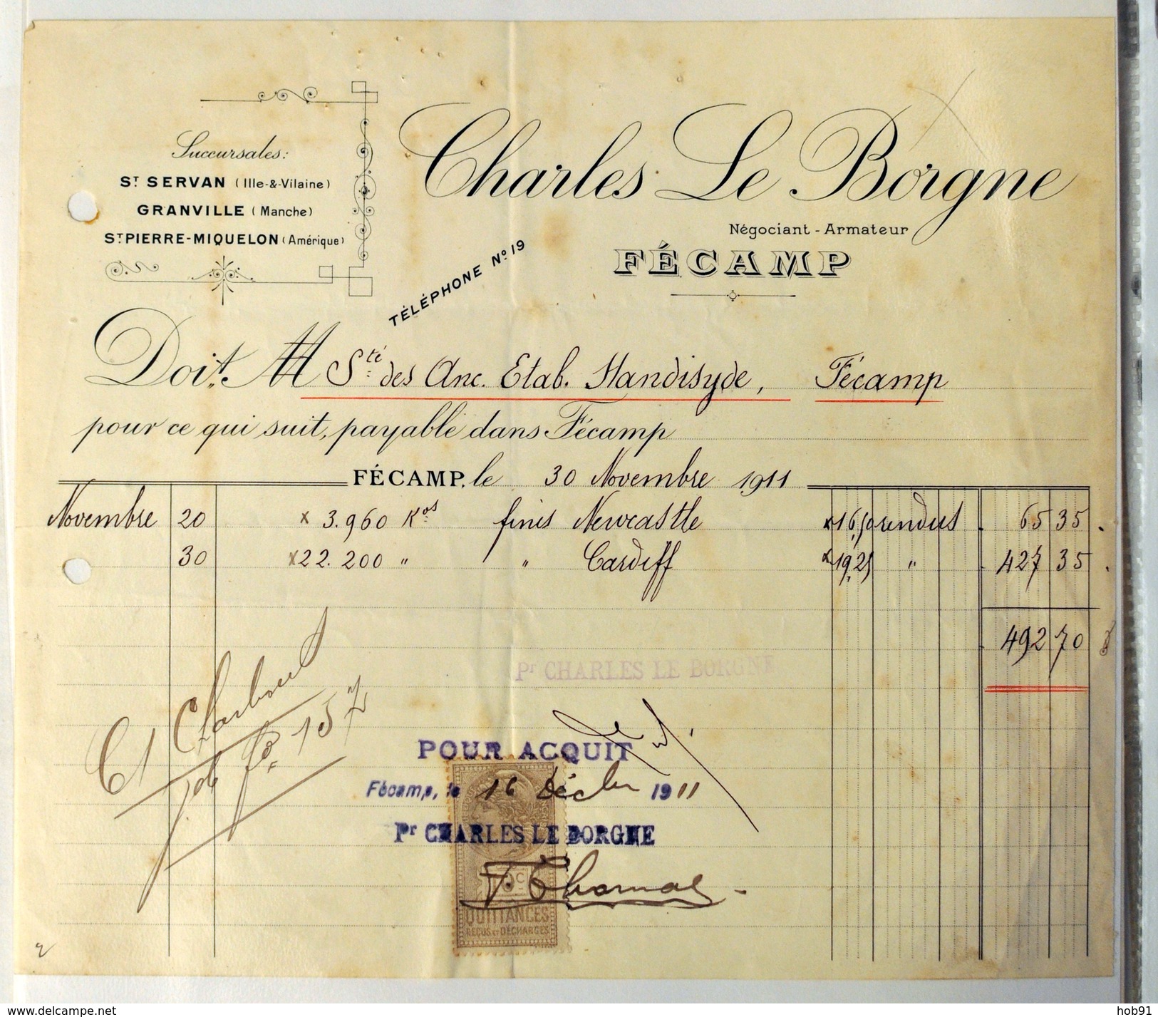 Document Commercial - FECAMP (76 - Seine Maritime) - Négociant, Armateur LE BORGNE - 1911 (CL 531) - 1900 – 1949
