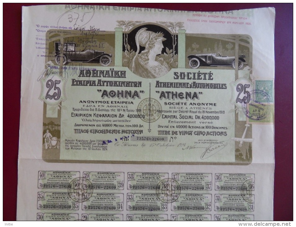 SOCIETE ATHENIENNE D´AUTOMOBILES ATHENA  COUPURE DE 25 ACTIONS 1924 TOP DECO - Automobile