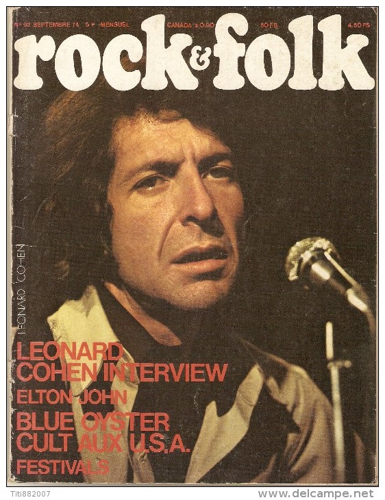 ROCK  &  FOLK   -   N° 92  -  Septembre  1974  -   LEONARD COHEN  /  ELTON JOHN  / BLUE OYSTER CULT ... - Musik