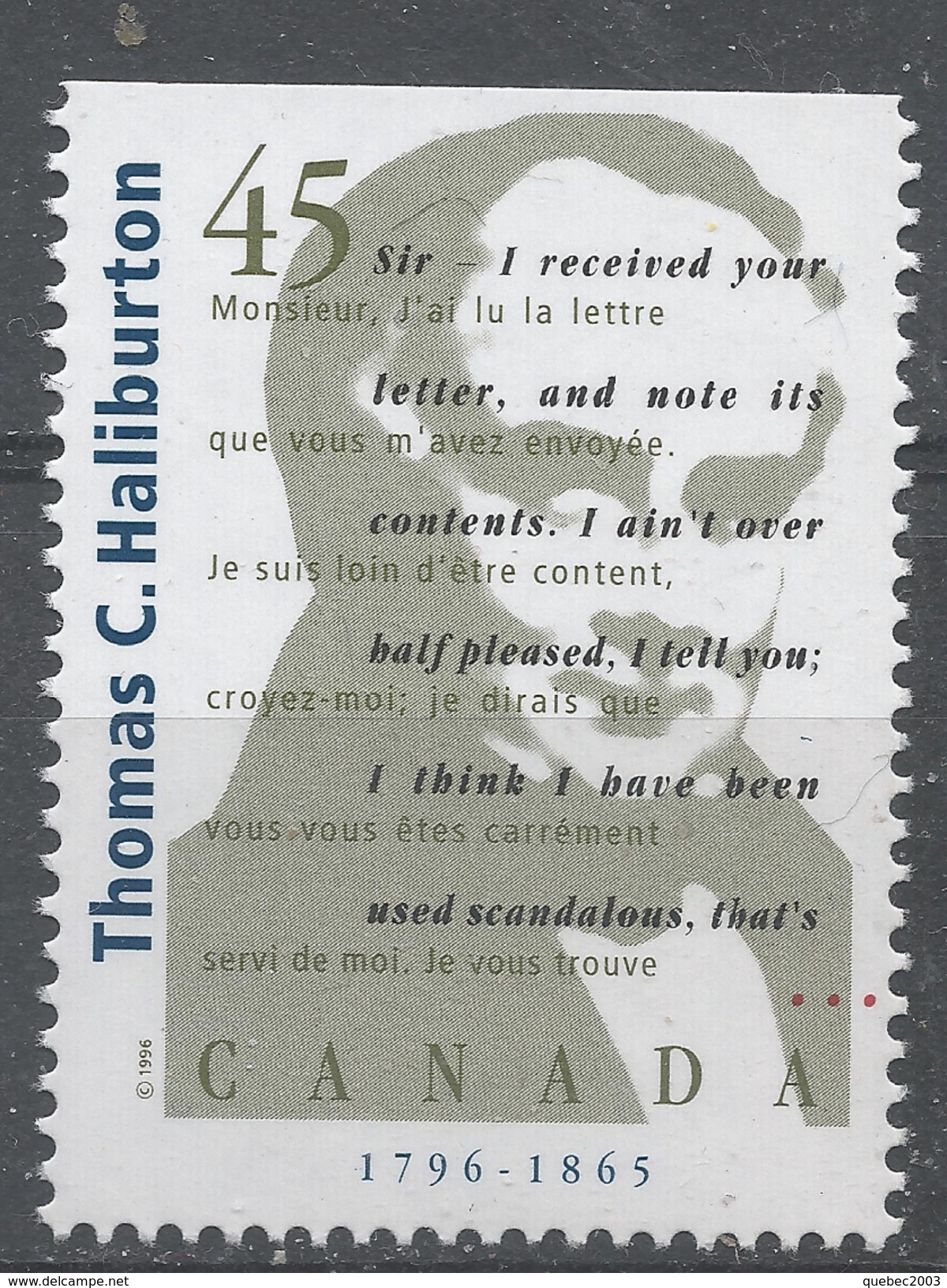 Canada 1996. Scott #1626 (MNH) Thomas G. Haliburton (1796-1865), Author - Nuevos