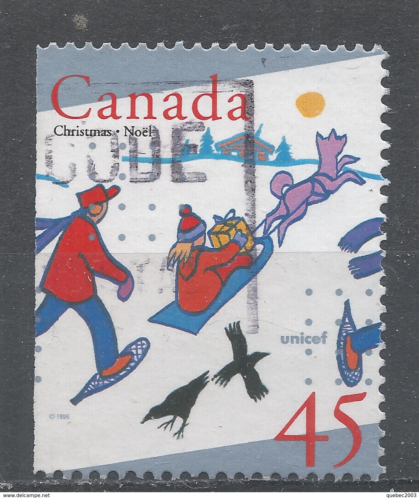 Canada 1996. Scott #1627a Single (U) Christmas, Children On Snowshoes, Sled - Timbres Seuls