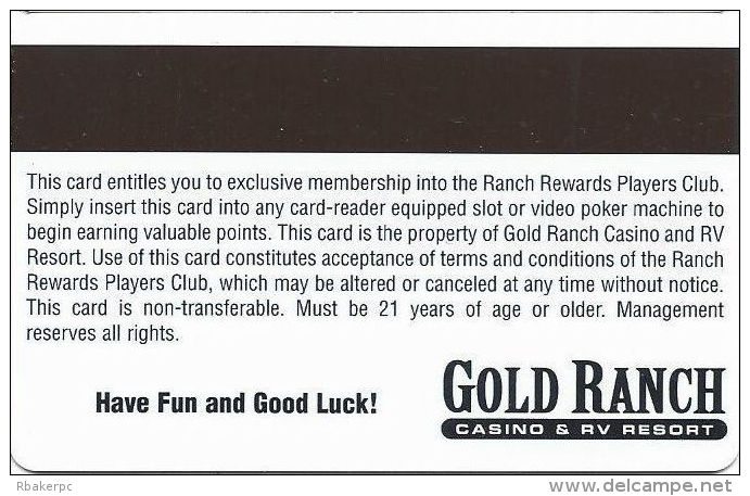 Gold Ranch Casino - Verdi, NV - Blank Slot Card - Casinokaarten