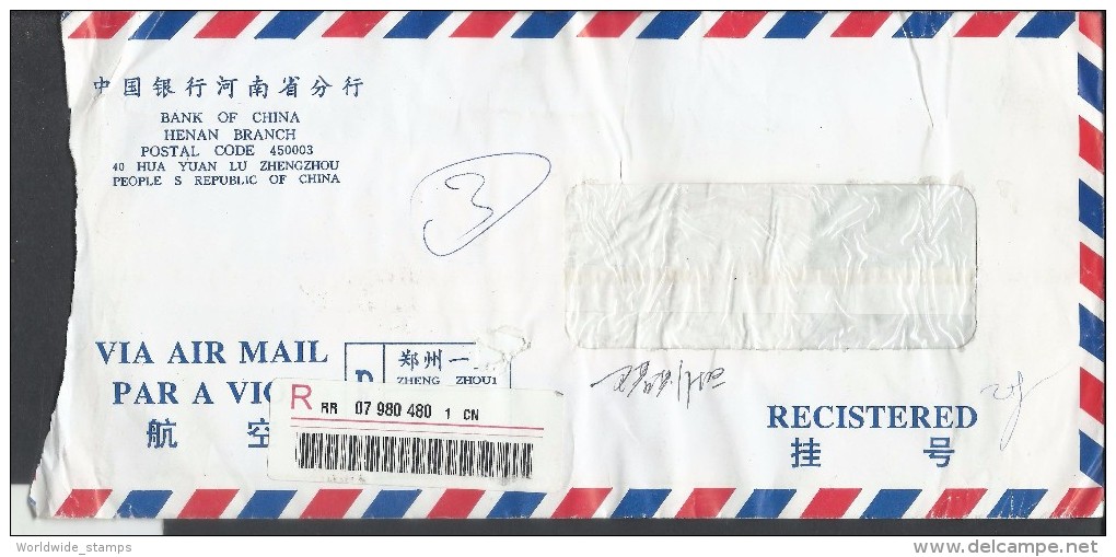 China Registered Airmail Cover With Meter Mark, Birds Postal History Cover Sent To Pakistan. - Posta Aerea