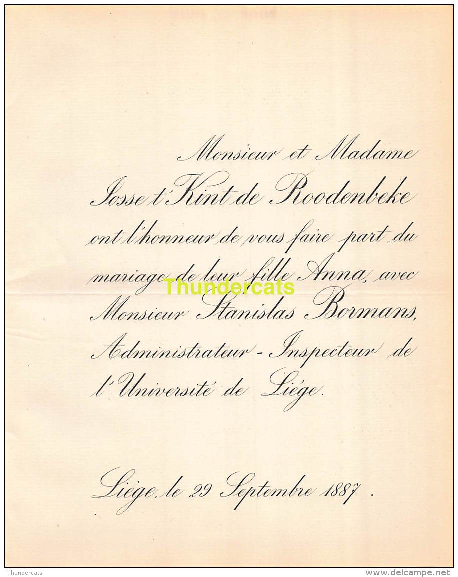 FAIRE PART MARIAGE JOSSE T'KINT DE ROODENBEKE ANNA STANISLAS BORMANS LIEGE 1887 - Mariage