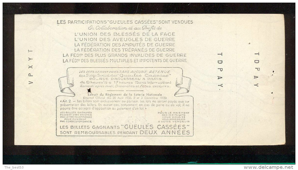 Billet De La Loterie Nationale De 1941  -  Les Gueules Cassées   -  18 ème  Tranche  -  Avec Talon - Lottery Tickets