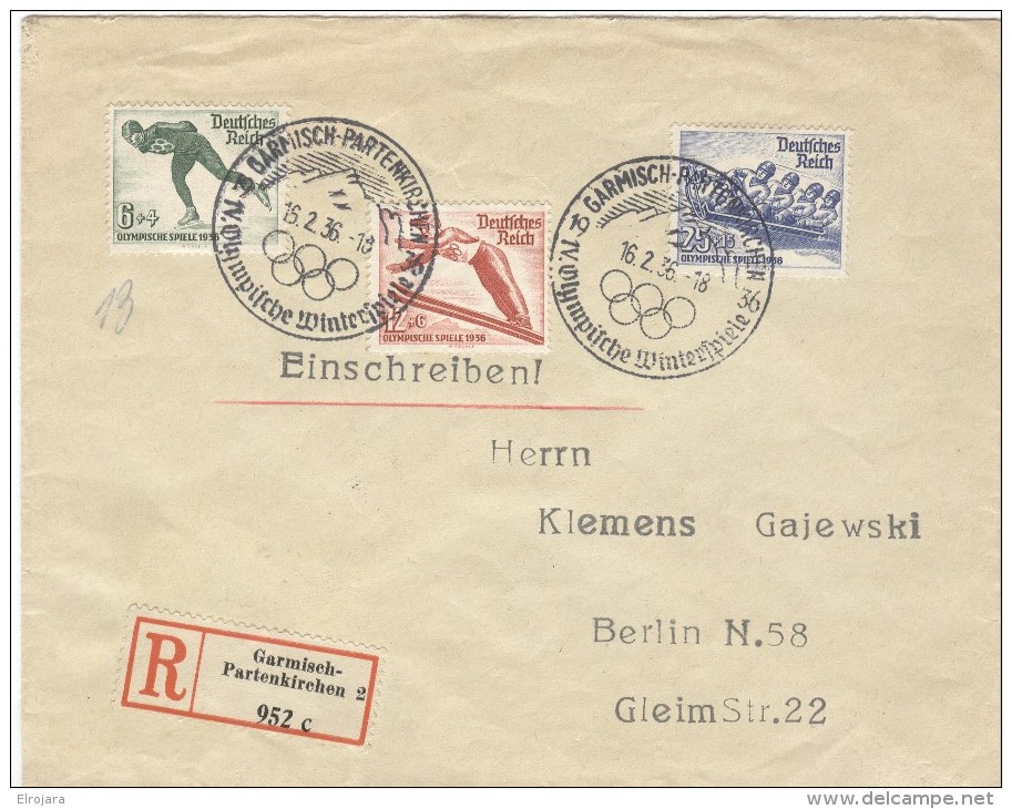 GERMANY Registered Letter With The Complete Set With R Label And Olympic Cancel Of The Closing Day 16.2.36 18 - Winter 1936: Garmisch-Partenkirchen