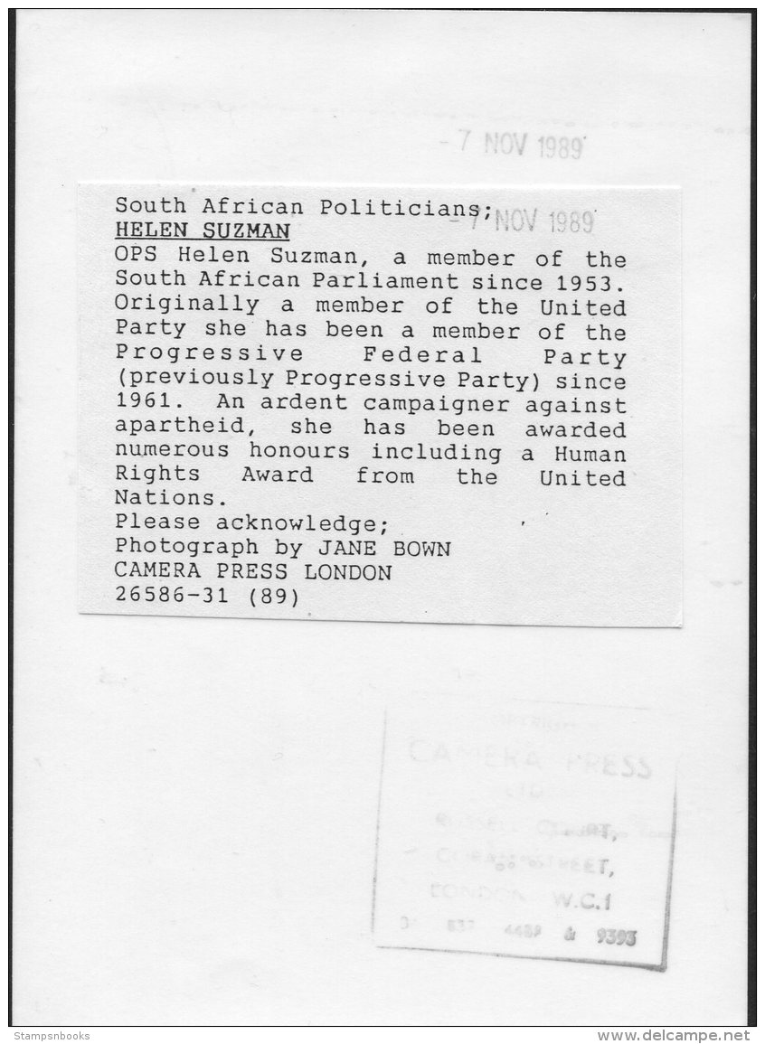 1989 Press Photo By Jane Bown - South Africa, Helen Suzman, Politics (18cm X 13cm) - Famous People