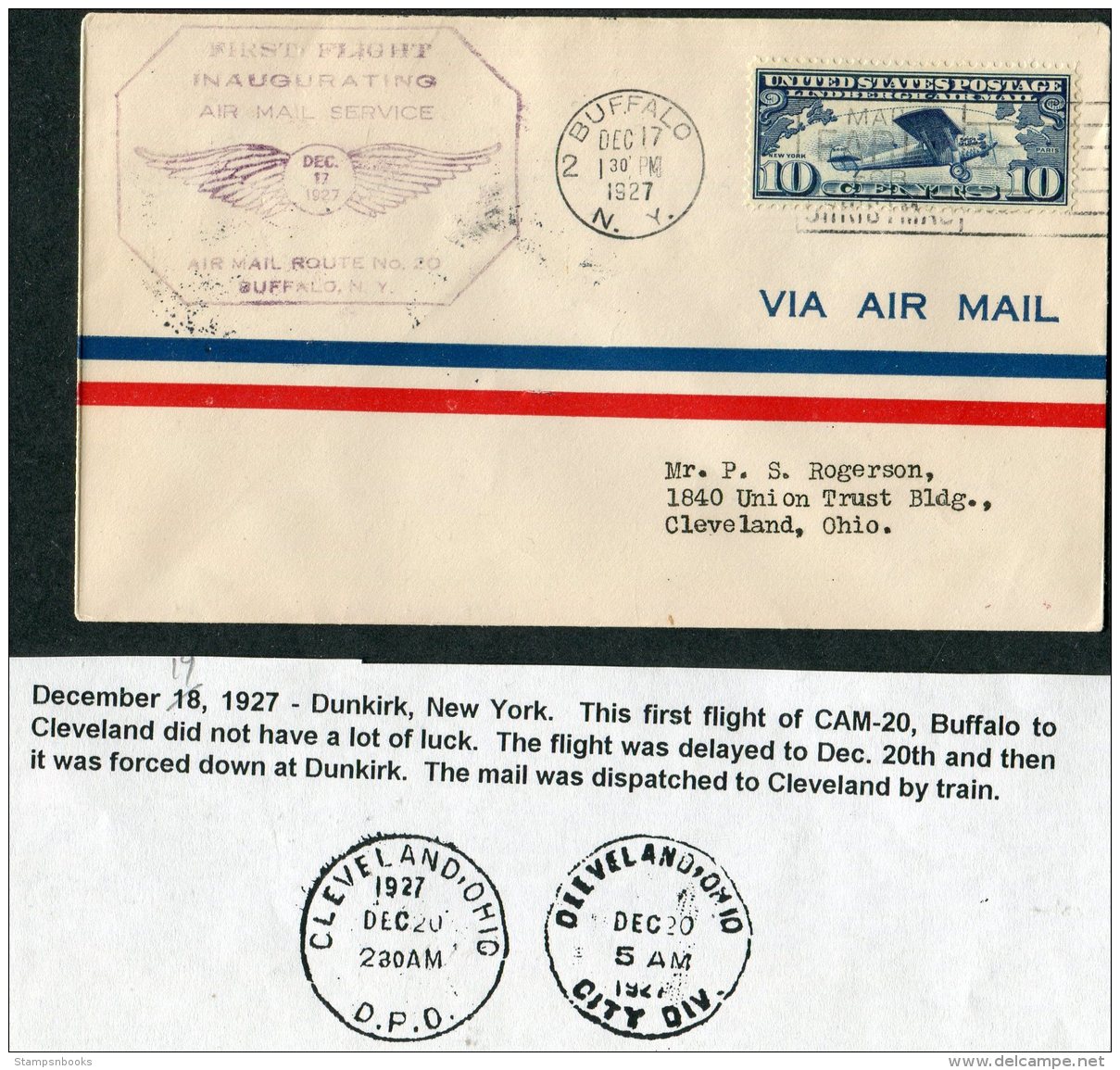 1927 USA Airmail Buffalo - Cleveland, Dunkirk, New York / CAM 20 First Flight / Train Delayed Cover - 1c. 1918-1940 Covers