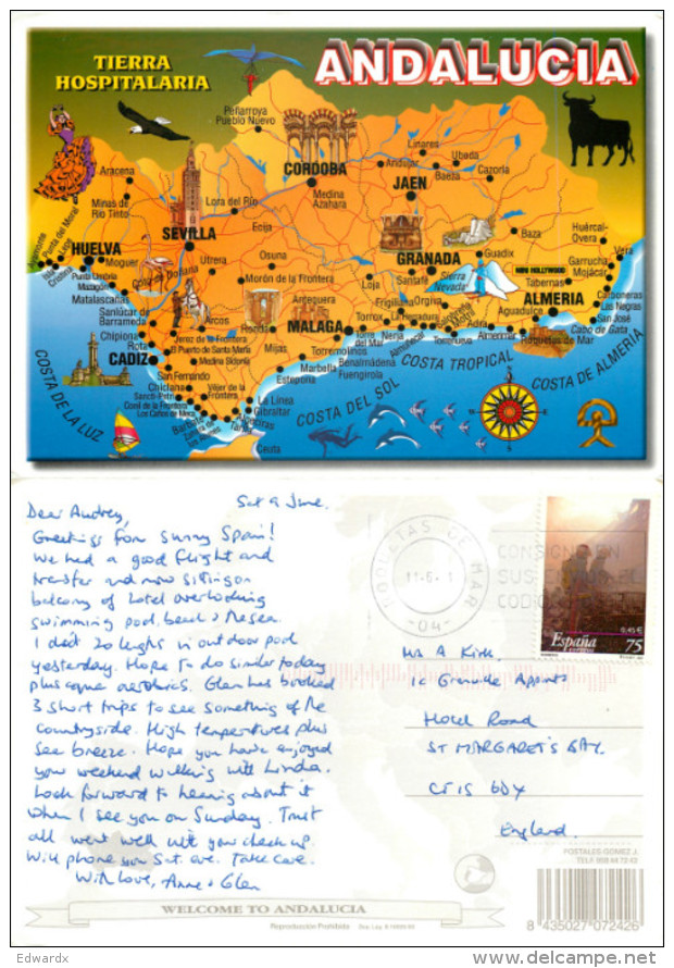 Map, Andalucia, Spain Postcard Posted 2001 Stamp - Sonstige & Ohne Zuordnung