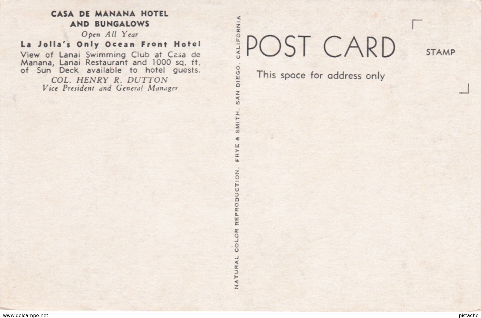 San Diego California - Casa De Manana Hotel - La Jolla Village - Very Good Condition - 2 Scans - San Diego