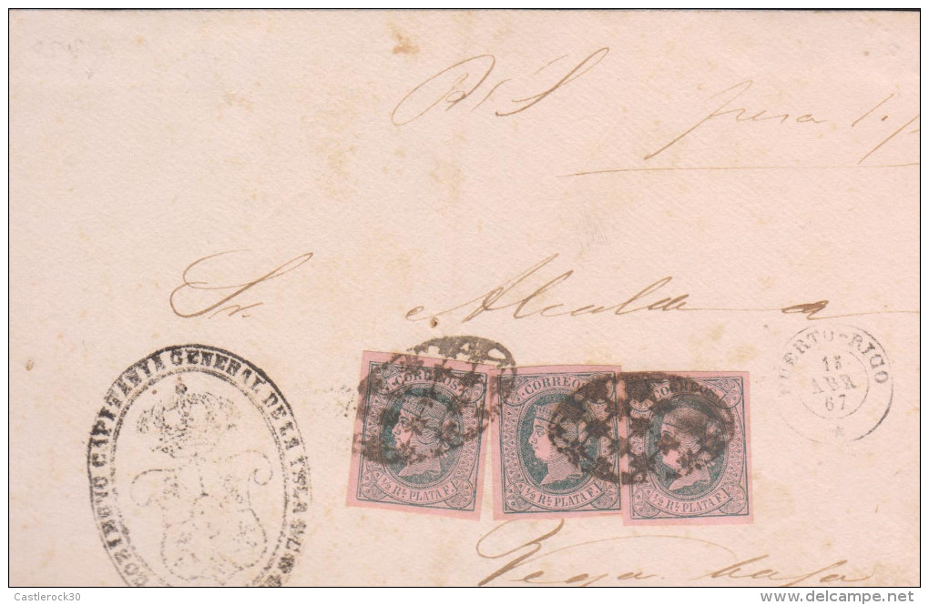 O) 1867 PUERTO RICO, 1/2 REAL PLATA F.-ISABEL II,JUDICIARY LETTER, WITH VIOLET ROSE, SPANISH DOMINION, XF - Puerto Rico