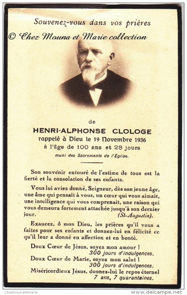 NE A COURTONNE LA MEURDRAC 1836 - HENRI ALPHONSE CLOLOGE CENTENAIRE - CALVADOS - DECEDE A BORDEAUX - AVIS DE DECES - Décès