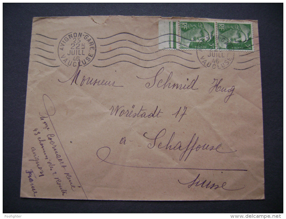 Cover 1946 Stamp Marianne Of Gandon 5 F Band Of Two, Postmark Avignon Gare Vaucluse - To Schaffhouse, Switzerland - 1945-54 Marianne Of Gandon