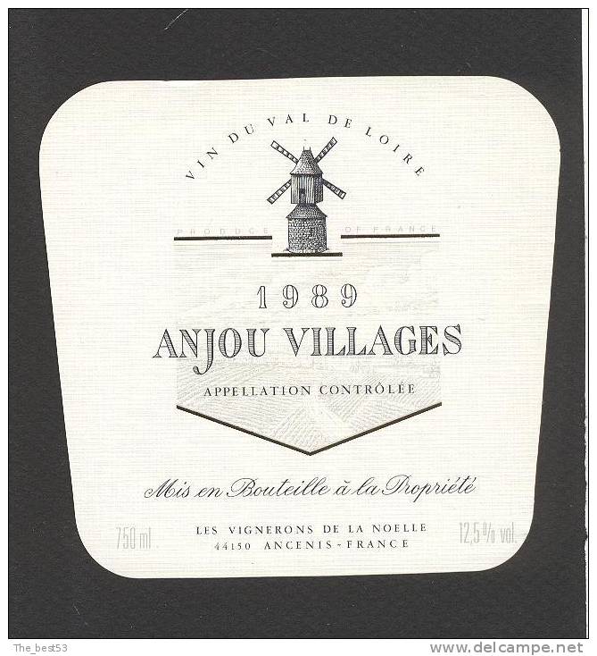 Etiquette De Vin Anjou Village 1989  - Vignerons De La Noelle  à  Ancenis  (44)  -  Moulin à Vent - Molinos De Viento