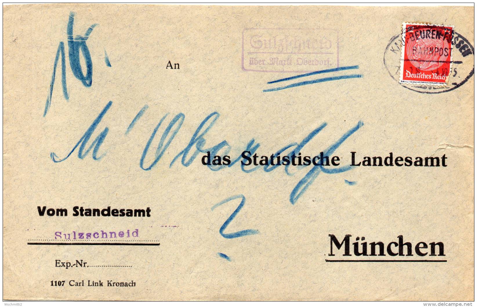 DR Gr. Brief 519 X Bahnpost KAUFBEUREN - FÜSSEN, Landpostst. SUlZSCHNEID - Sonstige & Ohne Zuordnung