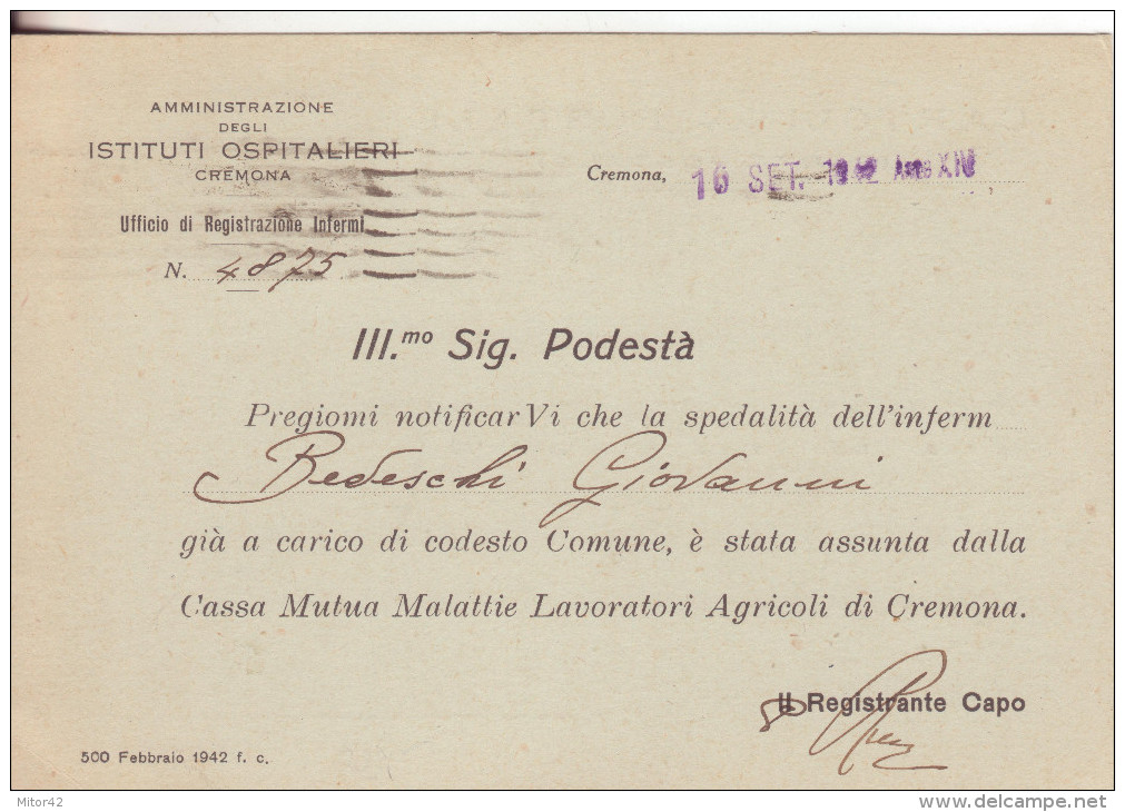 18*-30c.Propaganda Di Guerra:Armi E Cuori...-su Cartolina Ist.Ospedalieri Di Cremona-v.1942 X Sesto Cremonese - Oorlogspropaganda