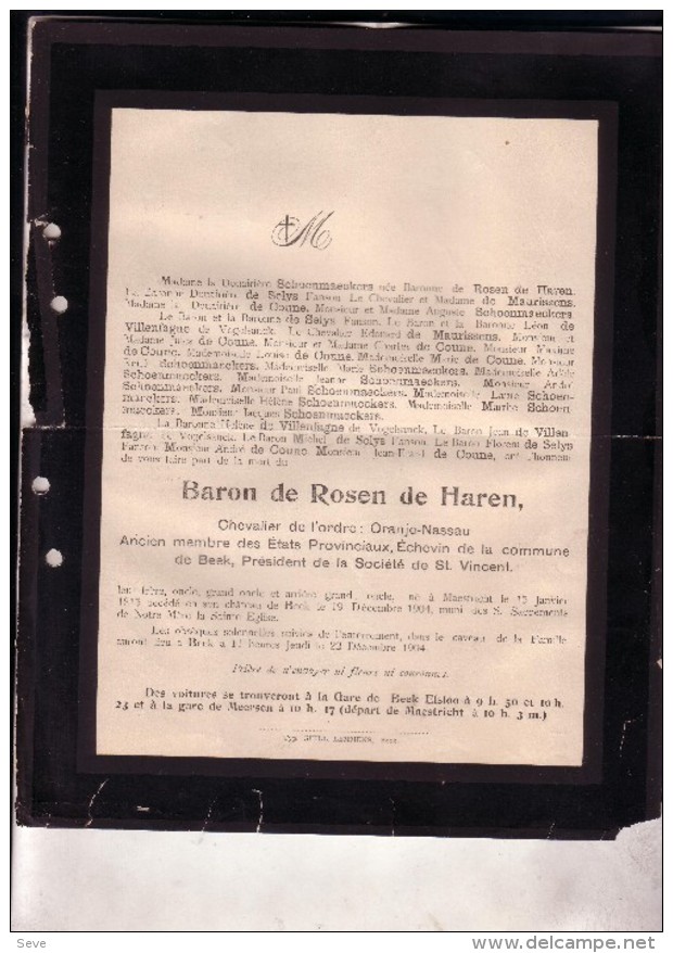 BEEK LIMBOURG Baron De ROSEN De HAREN 1815-1904 Ordre Oranje-Nassau échevin De BEEK états Provinciaux Doodsbrief - Obituary Notices