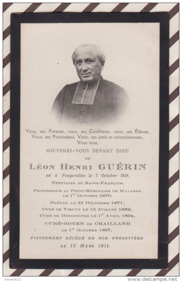 6AI4037 IMAGE PIEUSE RELIGIEUSE Mortuaire LEON HENRI GUERIN 1911 TERTIERE ST FRANCOIS CHAILLAND MAYENNE   2 SCANS - Devotieprenten