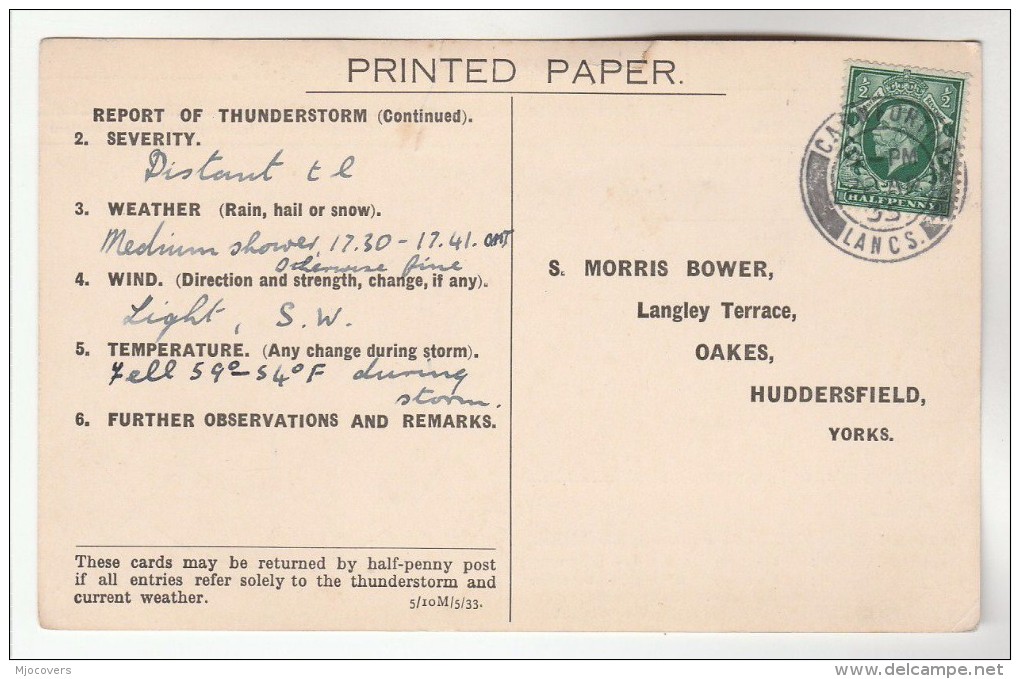 1935 CARNFORTH Cds Pmk COVER Postcard METEOROLOGY Report  WEATHER STATION Re THUNDERSTORM Gb Gv Stamps - Covers & Documents