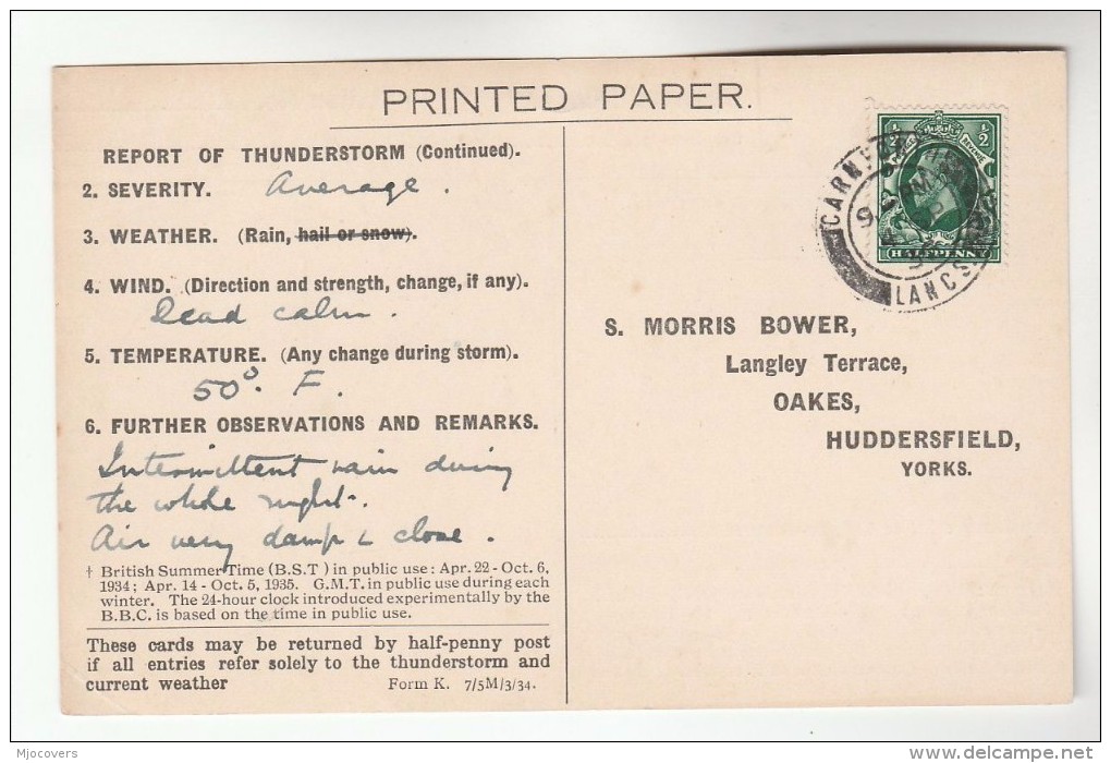 1936 CARNFORTH Cds Pmk COVER Postcard METEOROLOGY Report  WEATHER STATION Re THUNDERSTORM Gb Gv Stamps - Climate & Meteorology