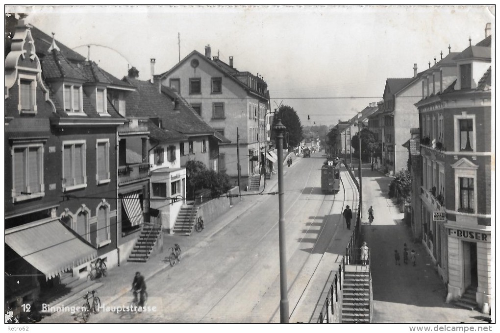 BINNINGEN &#8594; Belebte Hauptstrasse Mit Dem Tram Nr.7, Fotokarte Ca.1950 - Binningen