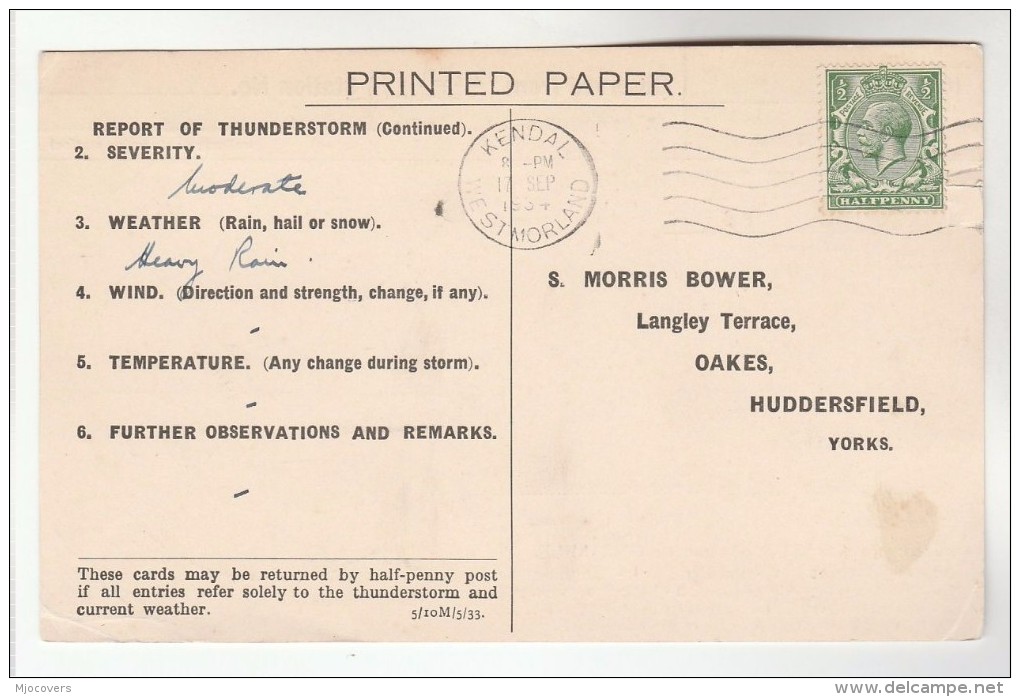 1934 KENDAL COVER Postcard METEOROLOGY Report WEATHER STATION Re THUNDERSTORM Gb Gv Stamps - Covers & Documents