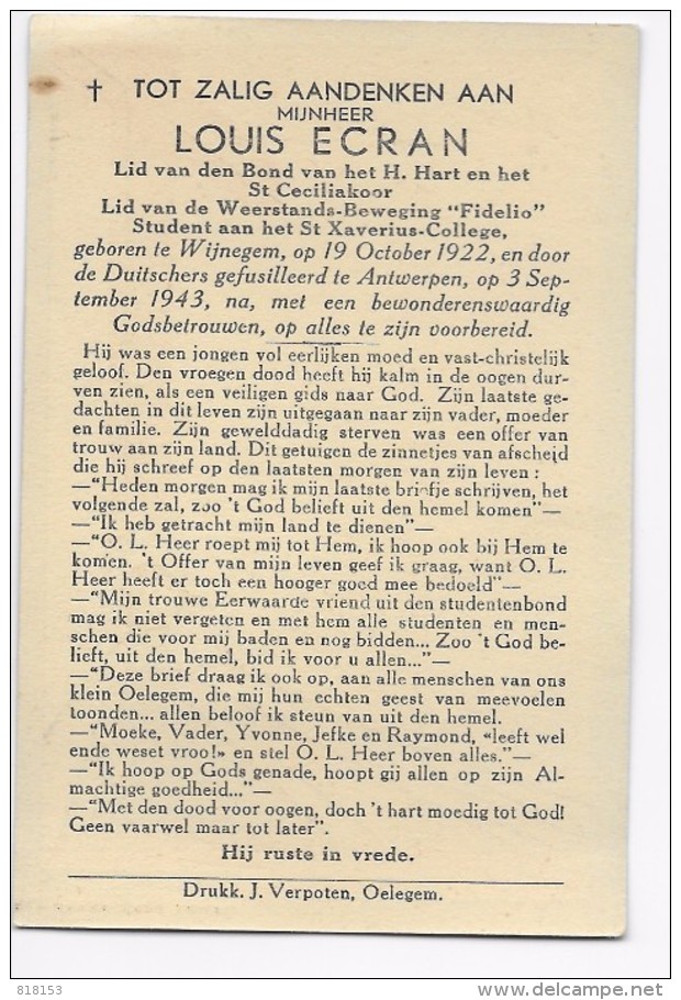 Wijnegem:doodsprentje Gefusilleerde Weerstander Louis Ecran 1943 Lid Weerstandsbeweging "Fidelio" - Wijnegem