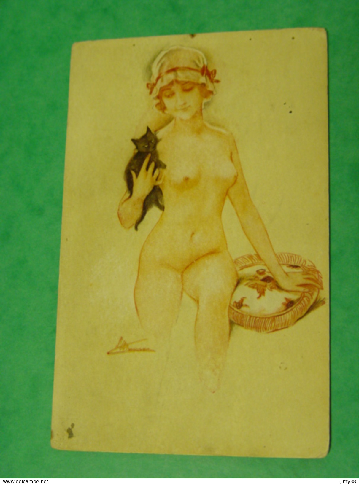 CARTE POSTALE ILLUSTRATEUR  S.MEUNIER-OHE CUPIDON  SERIE 60-FEMME AUX SEINS NUS AVEC CHAT NOIR DANS LES BRAS - Meunier, S.