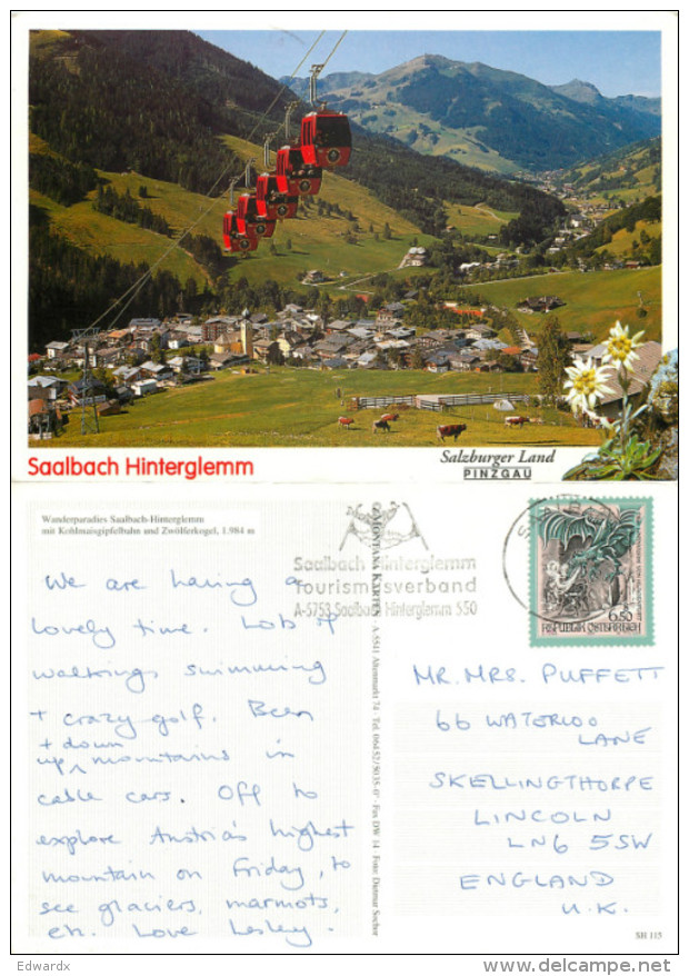 Ski Lift, Saalbach, Salzburg, Austria Postcard Posted 1997 Stamp - Saalbach
